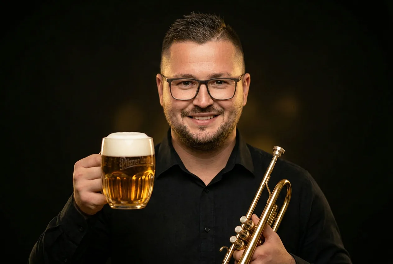 Košíček s trumpetou a pivem Pilsner Urquell