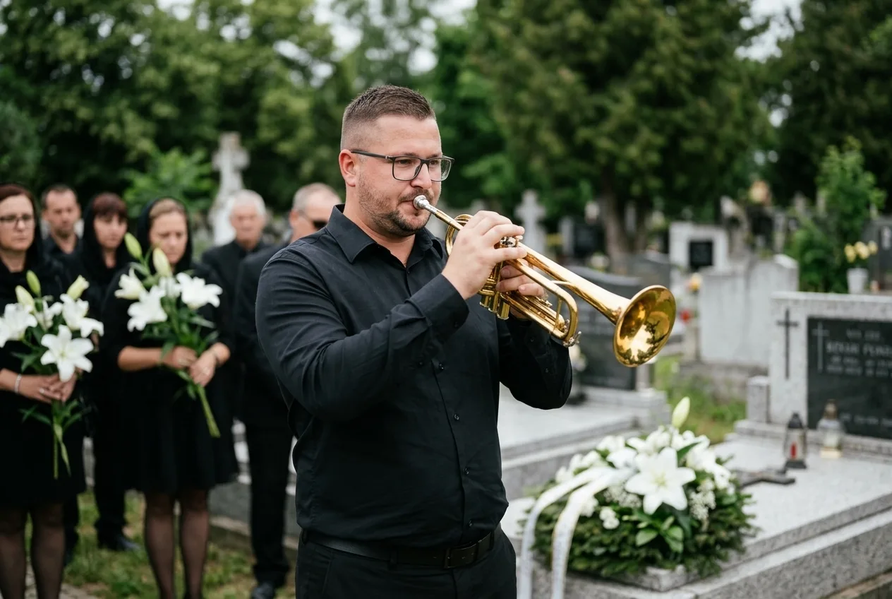 Trumpetista hraje důstojně při posledním rozloučení