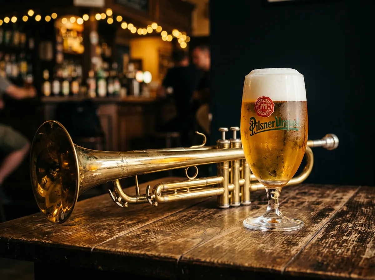 Trumpeta ležící vedle správně načepovaného Pilsner Urquell